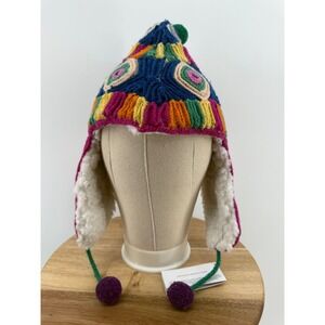Jenny‎ Krauss Whimsy Rainbow Multicolor Earflap Hat Wool Lined Pom Pom